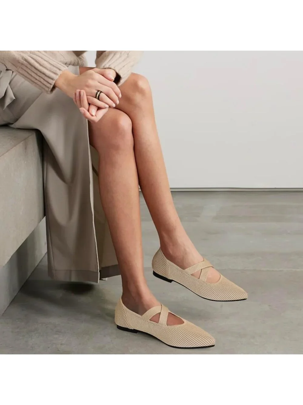 Women's Beige Pointed Toe Comfortable Mary Jane Slip-On Knit Ballet Flat Shoes